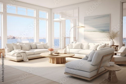 Interior architecture of a modern and cozy living room with sofa and furniture under warm sunlight without people. Generative AI.