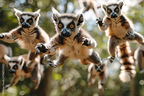 A troop of lemurs practicing their acrobatic skills in the treetops, leaping and somersaulting with graceful agility