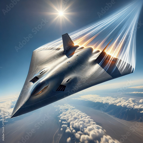 A fictional 6th generation fighter aircraft flying above the clouds (AI)