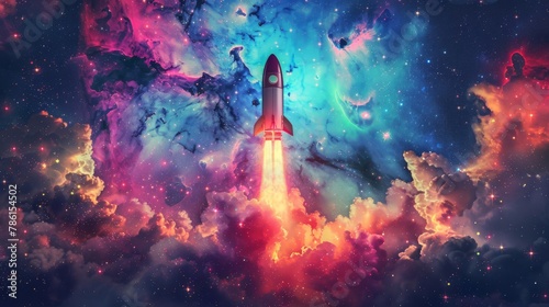An imaginative illustration of a space-themed wallpaper adorned with a playful cartoon rocket embarking on an epic journey through a colorful galaxy photo