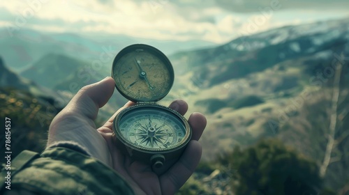 This image features a compass in the hands of a man on a beautiful landscape background. The image is made in a vintage style.