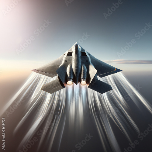A fictional 6th generation fighter aircraft flying above the clouds (AI) photo