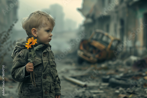 a small boy holding flower in hand at a war place giving address of peace ai generated