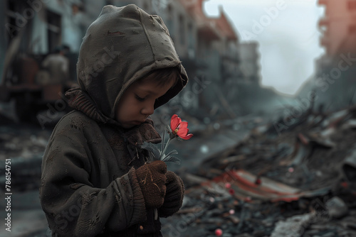 a small boy holding flower in hand at a war place ai generated