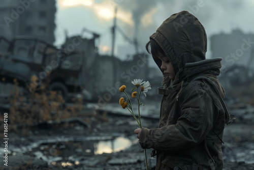 a small cute boy holding flower in hand at a war place ai generated