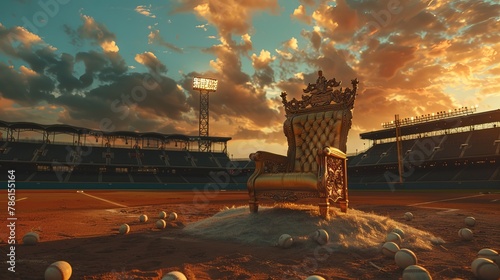 Softballs on the ground, a real elegant gold throne on the pitcher's mound of a softball field. The background lights and seats of the stadium. Backlit by the Sunrise.  photo