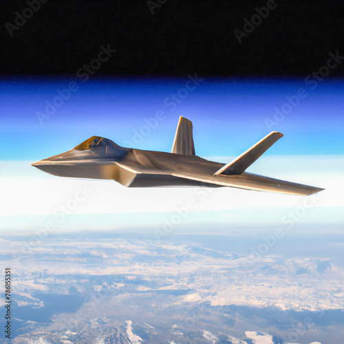 A fictional 5th generation fighter aircraft flying above the clouds (AI)