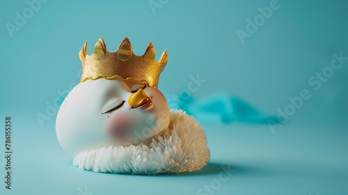 Narcissistic egg dreaming of a golden crown on blue background. Concept of narcissism.