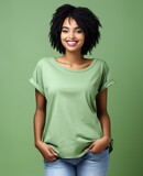 Portrait of woman, wearing a casual clothing and smiling on studio color background