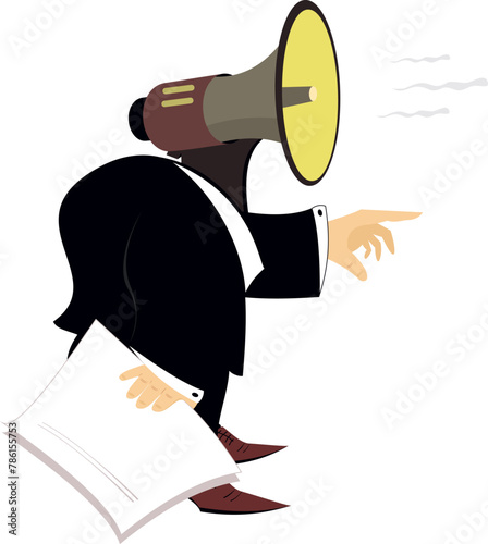 Man with megaphone instead of head.
Boss with megaphone instead of head gives directions. Speaker makes announcement
