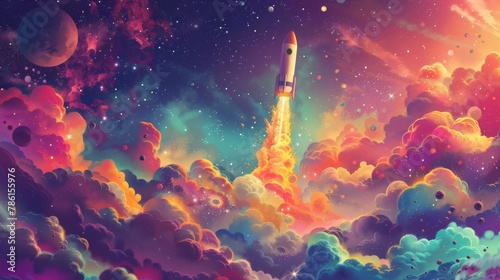 An imaginative depiction of a space-themed wallpaper adorned with a cartoon rocket journeying through a vibrant galaxy of celestial wonders