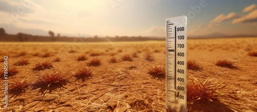 Dry earth with thermometer, global warming and climate change concept,cracked ground background photo