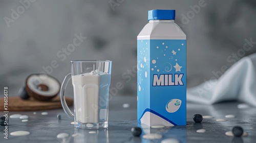 mainstream style carton-milk packaging design with the word "MILK" in a blue color on a gray background