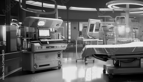 Futuristic healthcare hub, gray interior of robotic surgical suite for intensive care
