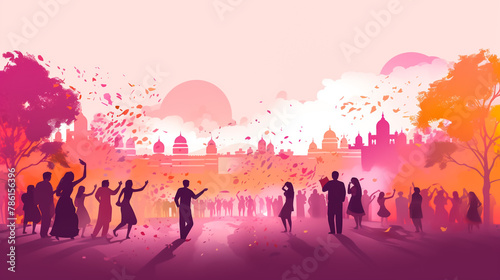 vector watercolor illustration of happy people dancing on holi dust in India . 