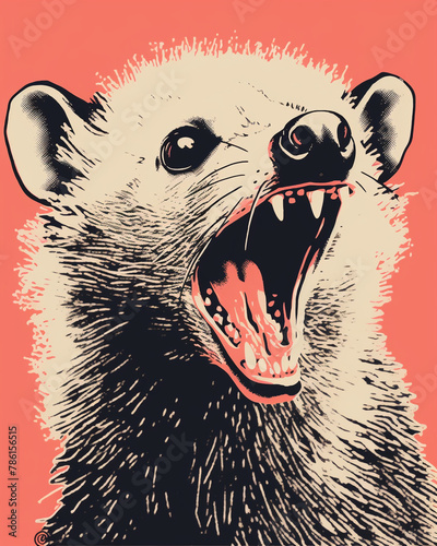 graphic design, opossum hissing, linoprint, simple possum, transparent background сreated with Generative Ai