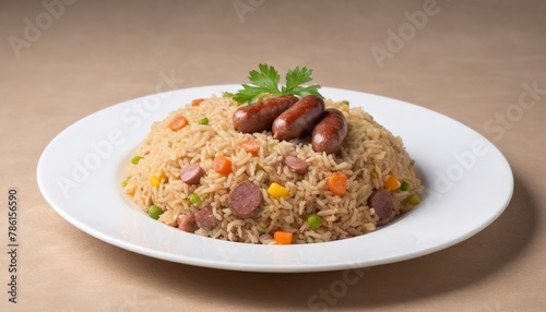 Fried rice with sausage isolated on white background