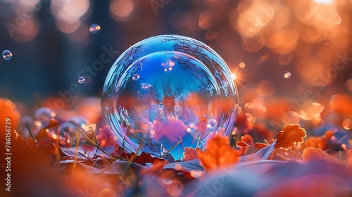 Capture the ephemeral beauty of a soap bubble, its iridescent surface reflecting a kaleidoscope of colors.