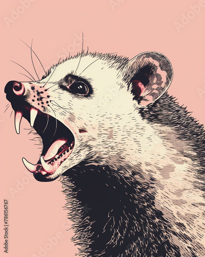graphic design, opossum hissing, linoprint, simple possum, transparent background сreated with Generative Ai