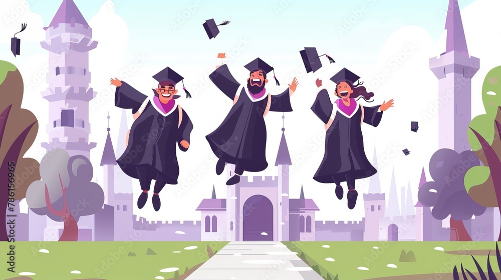 Graduating student jumps in joy, characters in gowns and academic caps rejoice, jumping and cheering excited to get diploma certificate and degree, end of university education, linear flat modern Graduating student jumps in joy, characters in gowns and academic caps rejoice, jumping and cheering excited to get diploma certificate and degree, end of university education, linear flat modern