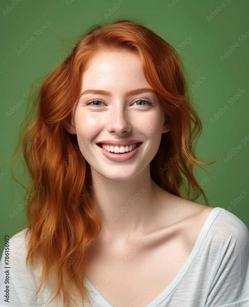 Fototapeta premium A woman with red hair is smiling and looking at the camera