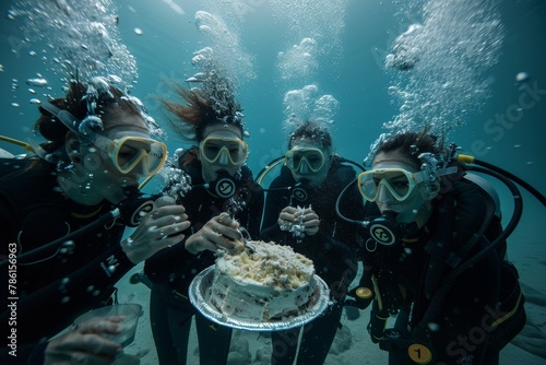 A birthday party held entirely underwater, with guests wearing scuba gear and eating cake from a special waterproof container