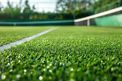 closeup of freshly cut grass tennis court before tournament sports background