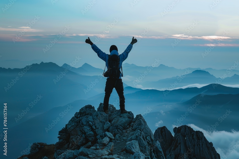 A person standing on top of a mountain, arms raised in victory