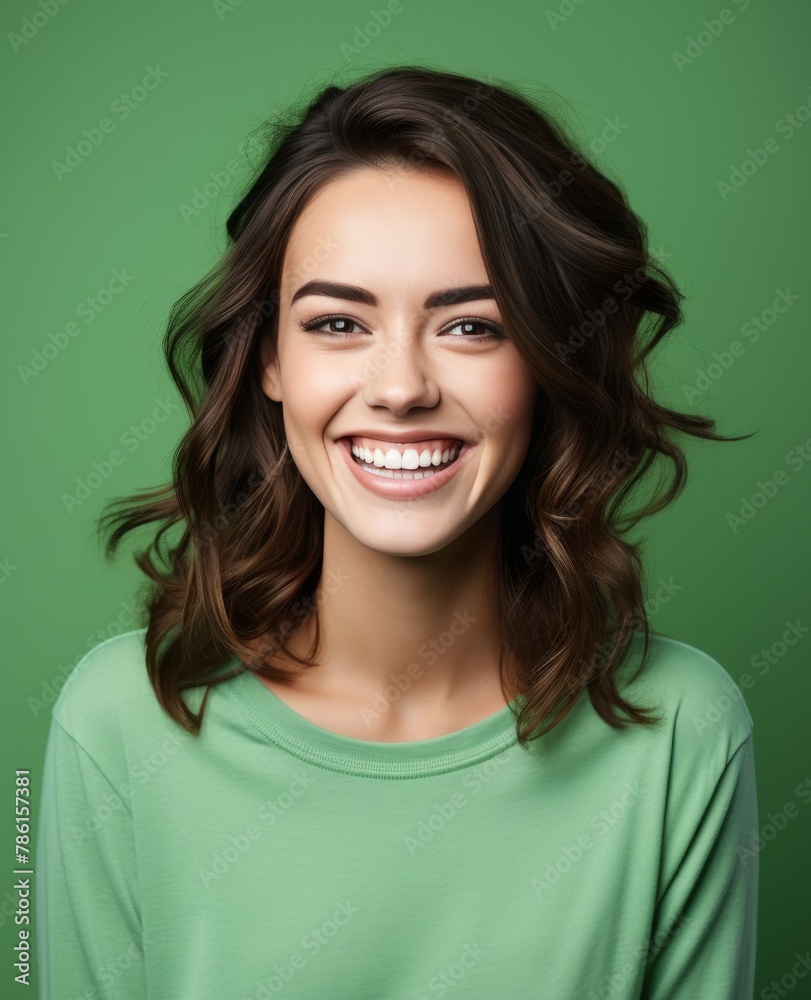 Portrait of caucasian girl, wearing a casual clothing and smiling on studio color background