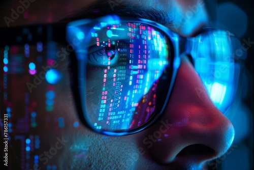 data reflecting on eyeglasses on mans face computer programmer big data and ux designer concept illustration digital art