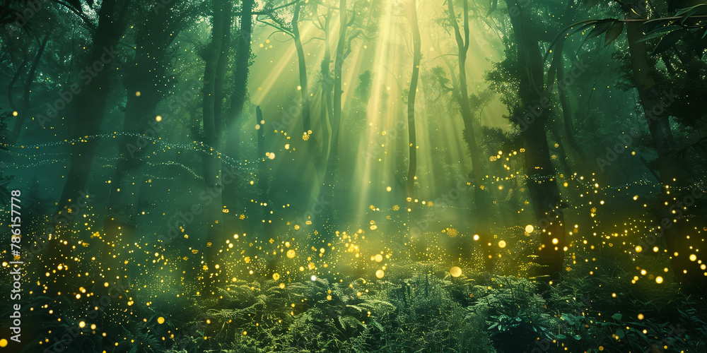 Mystical forest with magical glowing lights