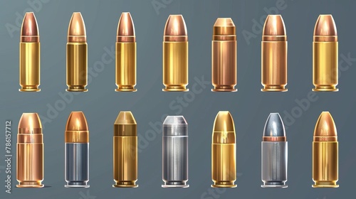 Modern realistic set of 3D brass, copper, and metal ammo, slugs and shells with different calibers for guns, rifles, pistols, and firearms. photo