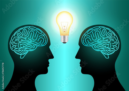 Brain. Head with Human Brain and Lightbulb. Vector Illustration Isolated on White Background. Creativity and Intelligence Concept. 