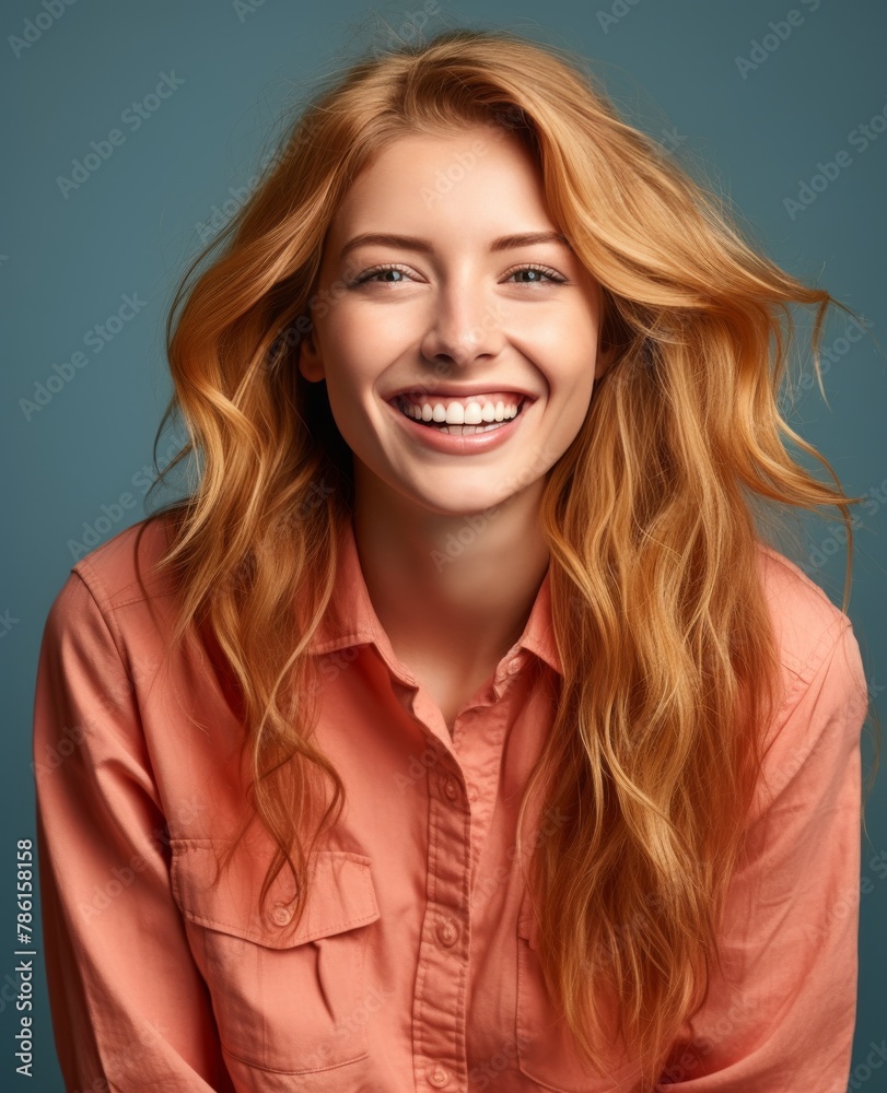 Portrait of caucasian girl, wearing a casual clothing and smiling on studio color background Portrait of caucasian girl, wearing a casual clothing and smiling on studio color background