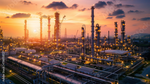 A large industrial plant with many tall towers and a beautiful sunset in the background. The sunset gives the scene a peaceful and serene mood