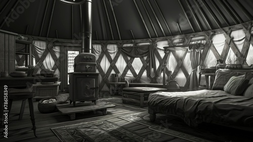 A photo of a Yurt Home in Black and White