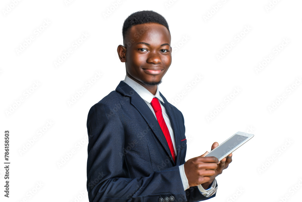 Studio portrait company business worker smart young African American man with suit, necktie and serious face holding tablet, isolated on transparent png background. Studio portrait company business worker smart young African American man with suit, necktie and serious face holding tablet, isolated on transparent png background.