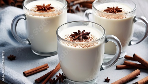 Warm frothy milk with syrup and winter spices photo