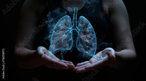 The concept of healthy lungs shown between two women's palms on a black isolated background. photo