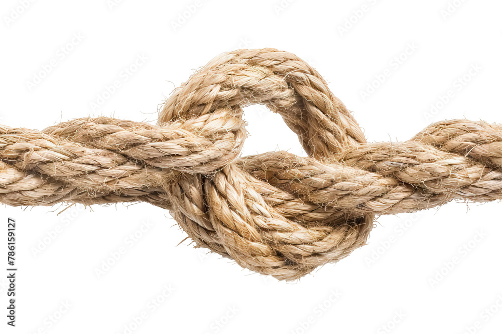 A close-up of a robust knot tied in a thick rope, showcasing texture and technique. isolated on white background