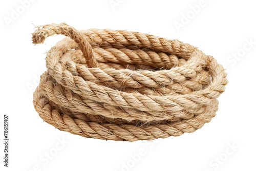 A coil of thick, natural fiber rope, suggesting strength and utility. isolated on white background