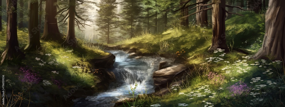 green nature landscape at riverside, artful painting style illustration with grungy brush stroke texture, Generative Ai