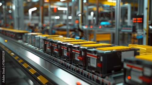 Batches of batteries produced by machines on a factory production line