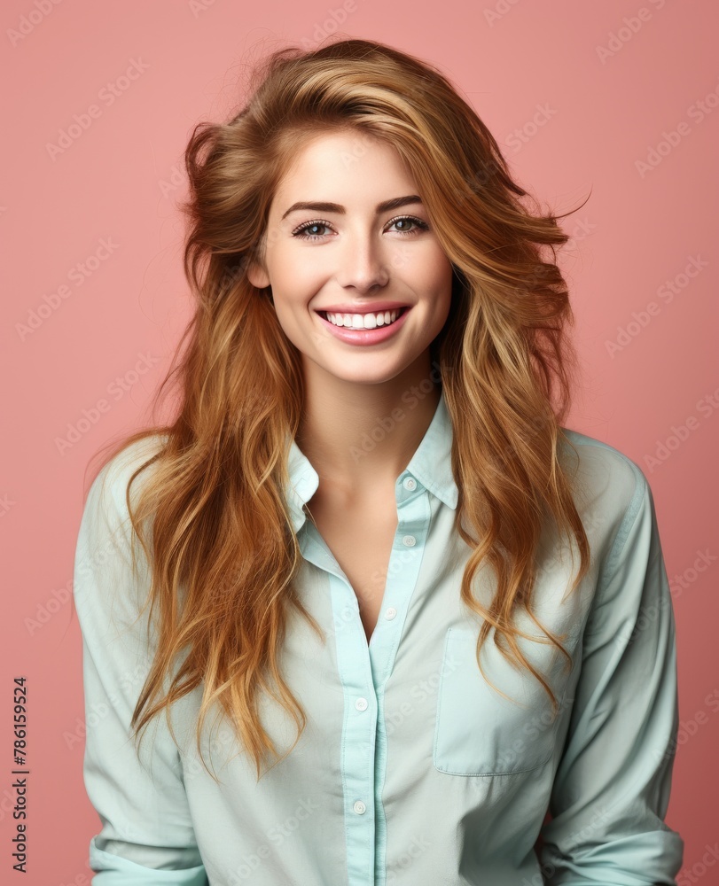 Portrait of caucasian girl, wearing a casual clothing and smiling on studio color background Portrait of caucasian girl, wearing a casual clothing and smiling on studio color background