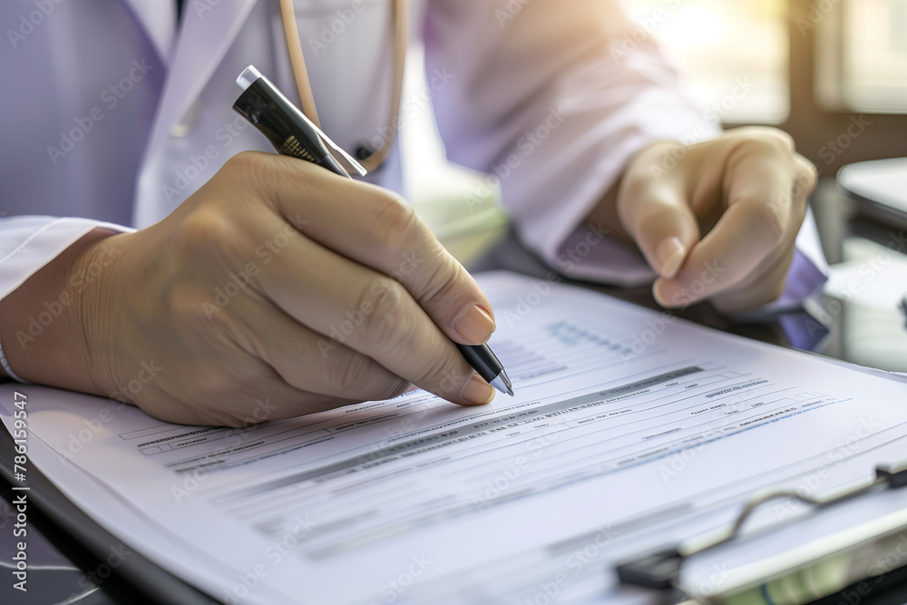 Fototapeta premium Female doctor writing and filling a prescription for her patient, medical insurance claim form, healthcare and medicine concept
