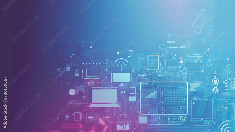 PPT clean background image. Icons related to computer hardware and software and the internet. in a modern, dynamic and professional style. Big free space.