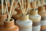 luxury home decor product photography closeup of ceramic reed diffusers in earth tones handcrafted collection mockup