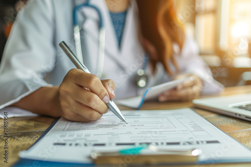 Female doctor writing and filling a prescription for her patient, medical insurance claim form, healthcare and medicine concept photo