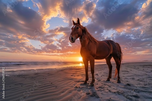 majestic brown horse standing on sandy beach at sunset dramatic cloudy blue and orange sky