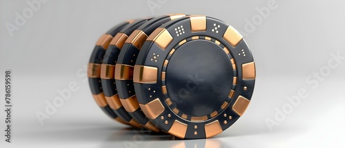 Elegant Golden-Black Poker Chip Stack on Pristine Backdrop. Concept Casino Night, Poker Chip Stack, Elegant Decor, Black and Gold Theme, Pristine Backdrop photo